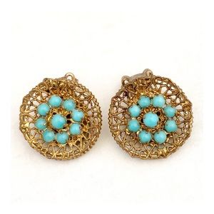 Vintage Austria Bronze Turquoise Clip On Earrings